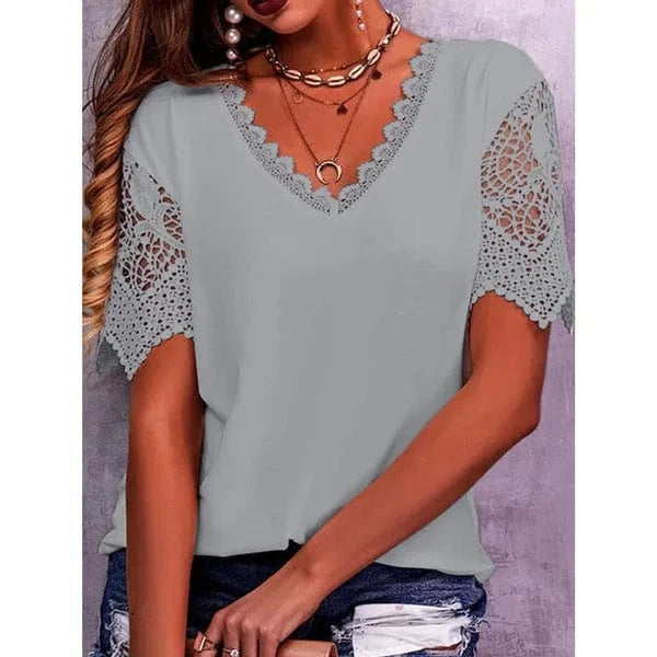 2023 Women's T-shirt Lace Stitching Loose V-neck Short Sleeved T-shirt Women Office Shirt