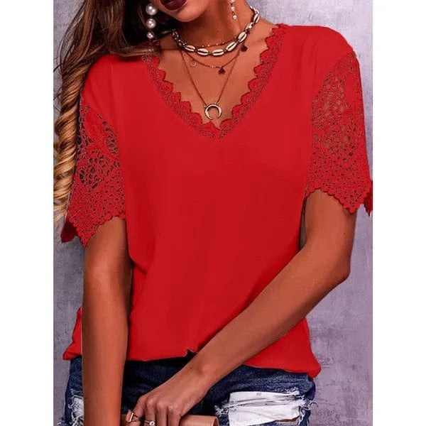 2023 Women's T-shirt Lace Stitching Loose V-neck Short Sleeved T-shirt Women Office Shirt