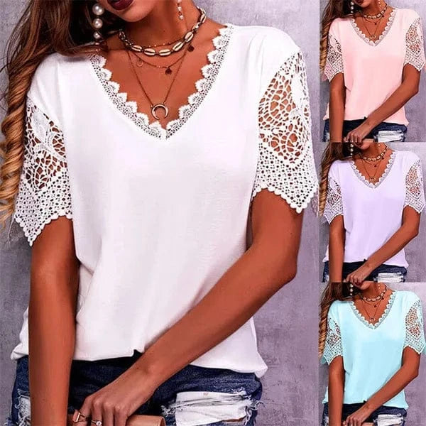 2023 Women's T-shirt Lace Stitching Loose V-neck Short Sleeved T-shirt Women Office Shirt