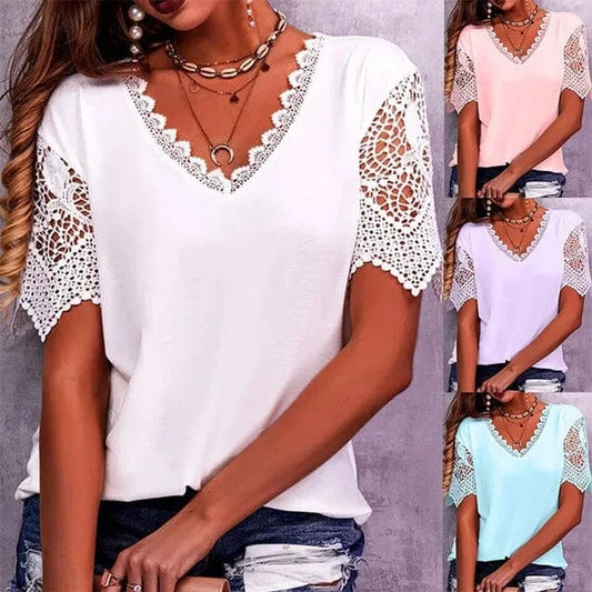 2023 Women's T-shirt Lace Stitching Loose V-neck Short Sleeved T-shirt Women Office Shirt