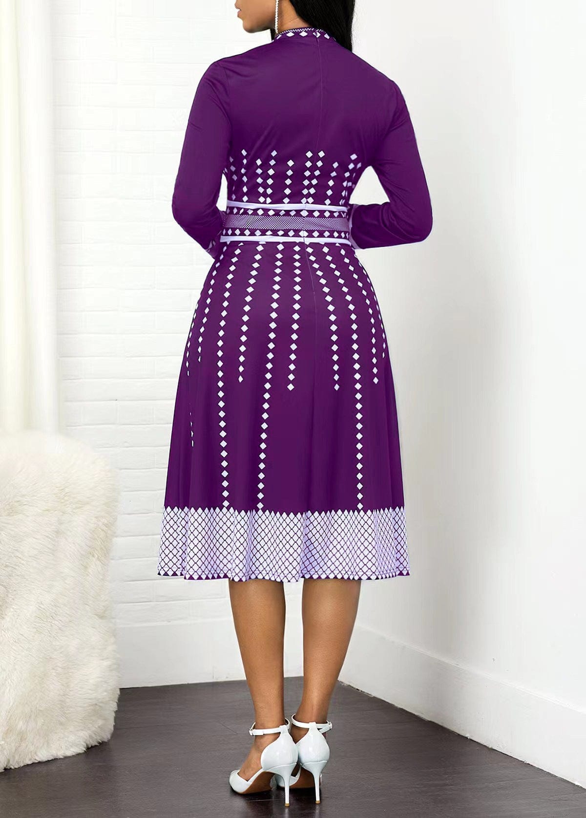 2023 Women's temperament polka dot printed long sleeve retro hip-wrapped A-line large swing slim midi dress