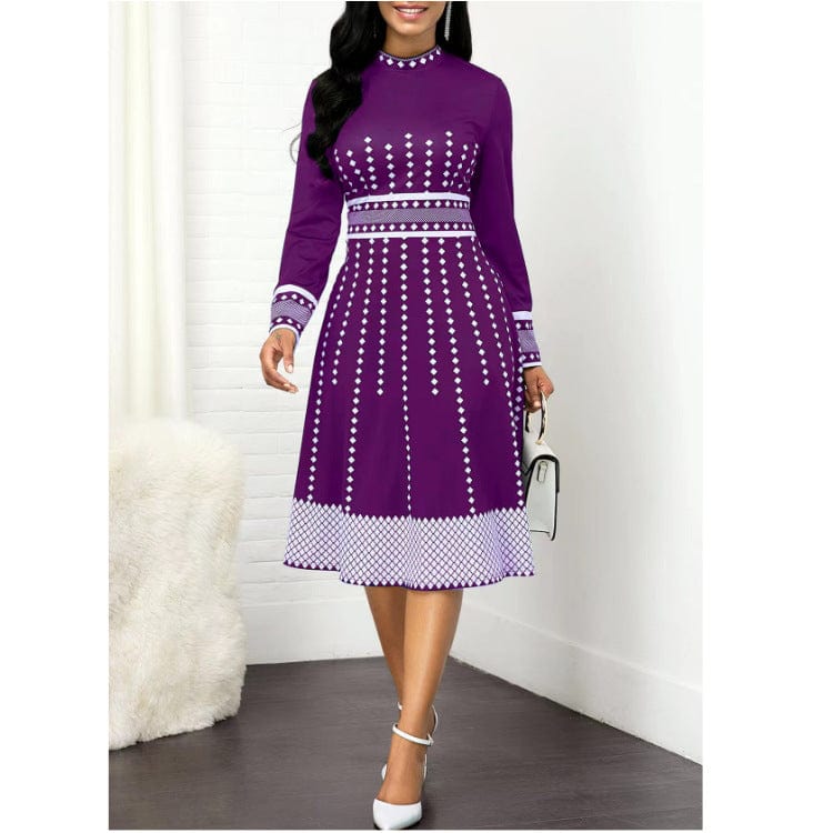 2023 Women's temperament polka dot printed long sleeve retro hip-wrapped A-line large swing slim midi dress
