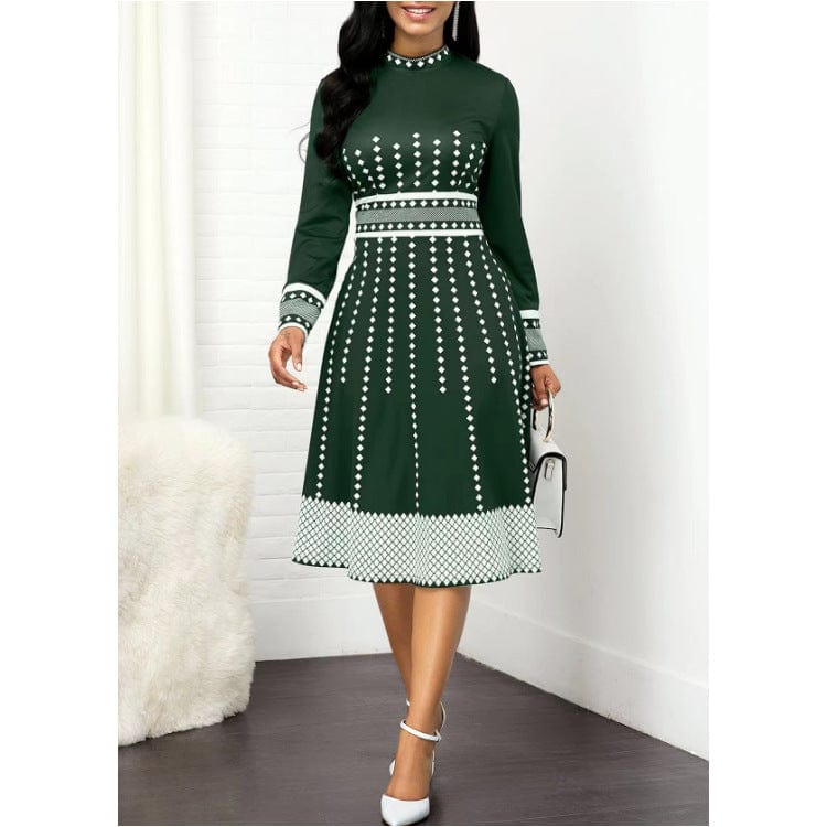 2023 Women's temperament polka dot printed long sleeve retro hip-wrapped A-line large swing slim midi dress