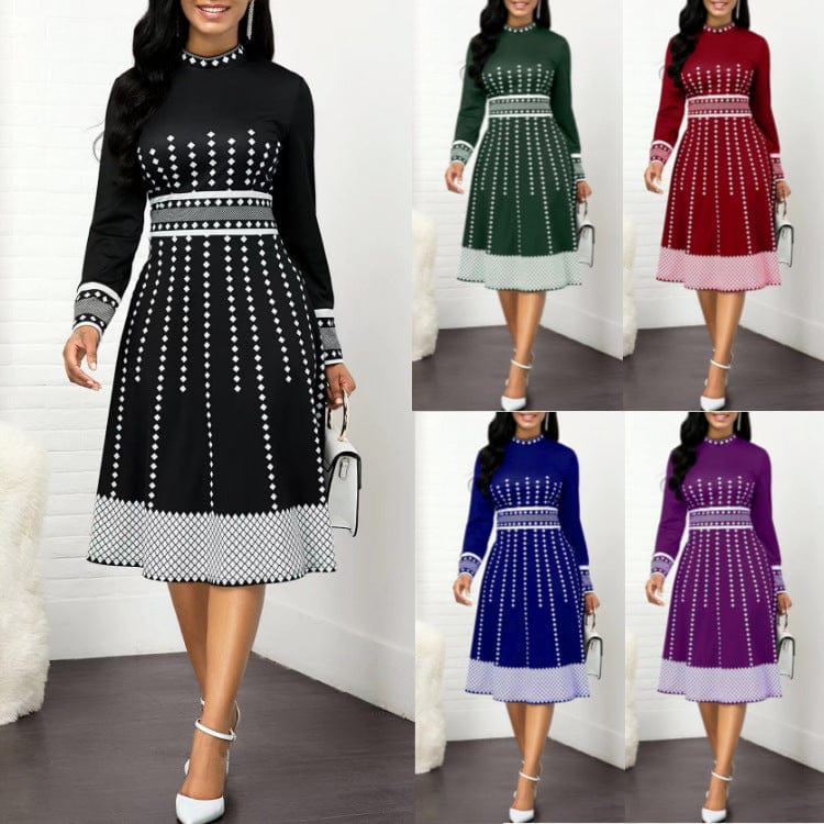 2023 Women's temperament polka dot printed long sleeve retro hip-wrapped A-line large swing slim midi dress