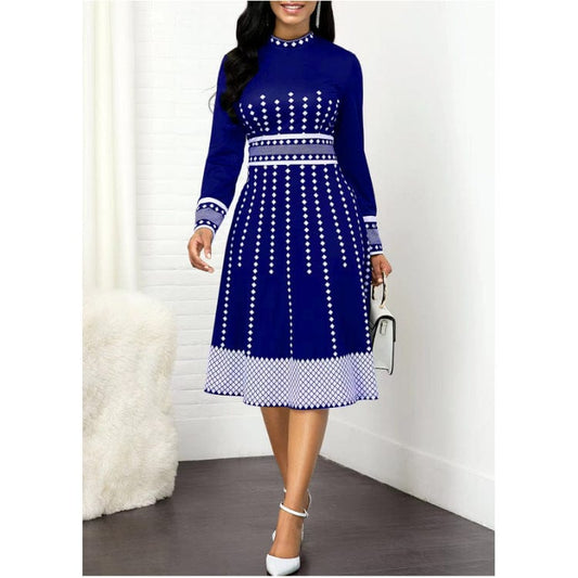 2023 Women's temperament polka dot printed long sleeve retro hip-wrapped A-line large swing slim midi dress