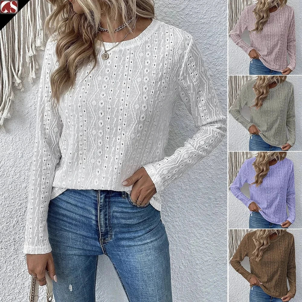 2023 Women's top European and American Round neck Solid color Lace Hollow Leisure T-shirt for Women