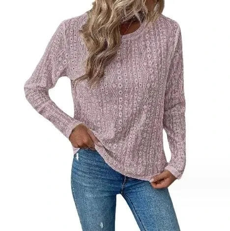 2023 Women's top European and American Round neck Solid color Lace Hollow Leisure T-shirt for Women