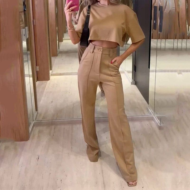 2023 Women Two Piece Set Summer Fashion Round Neck Short Sleeve Solid Top Loose With Pockets Pants Sets High Streetwear