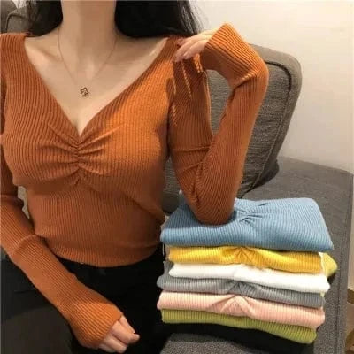 2023Autumn Women's Long Sleeve Sexy V-neck pullover Sweater Korean Version Slim-fit Pullover New Sweater