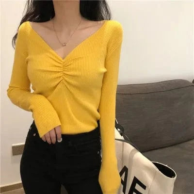 2023Autumn Women's Long Sleeve Sexy V-neck pullover Sweater Korean Version Slim-fit Pullover New Sweater