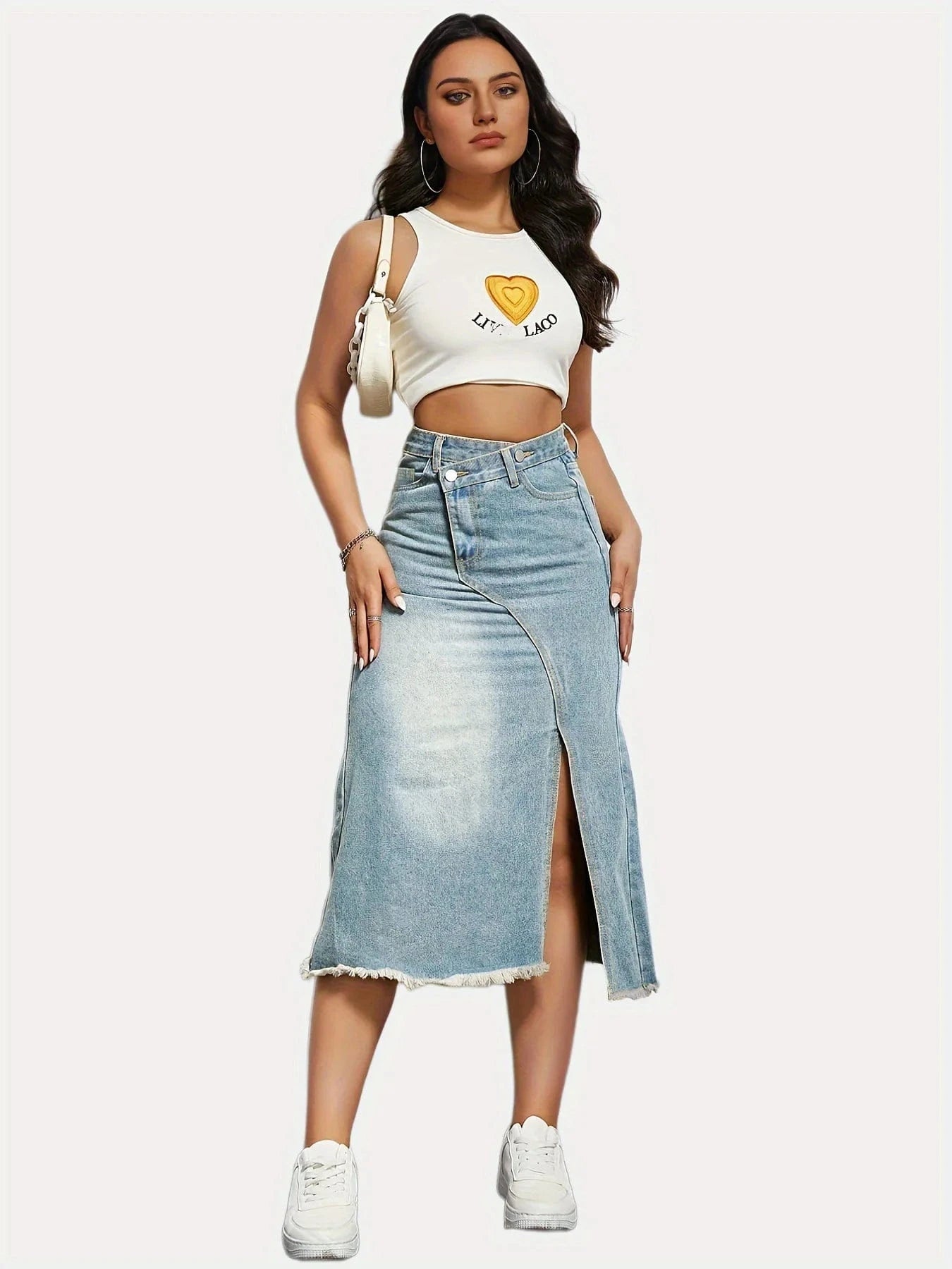 2024 Autumn New American Retro Denim skirt Women's Fashionable Split stitching Mid-length Women's A- line skirt