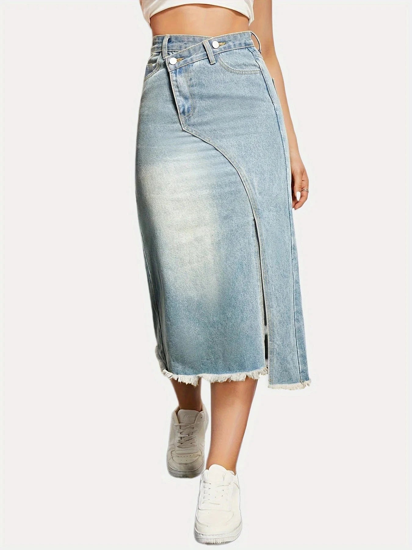 2024 Autumn New American Retro Denim skirt Women's Fashionable Split stitching Mid-length Women's A- line skirt