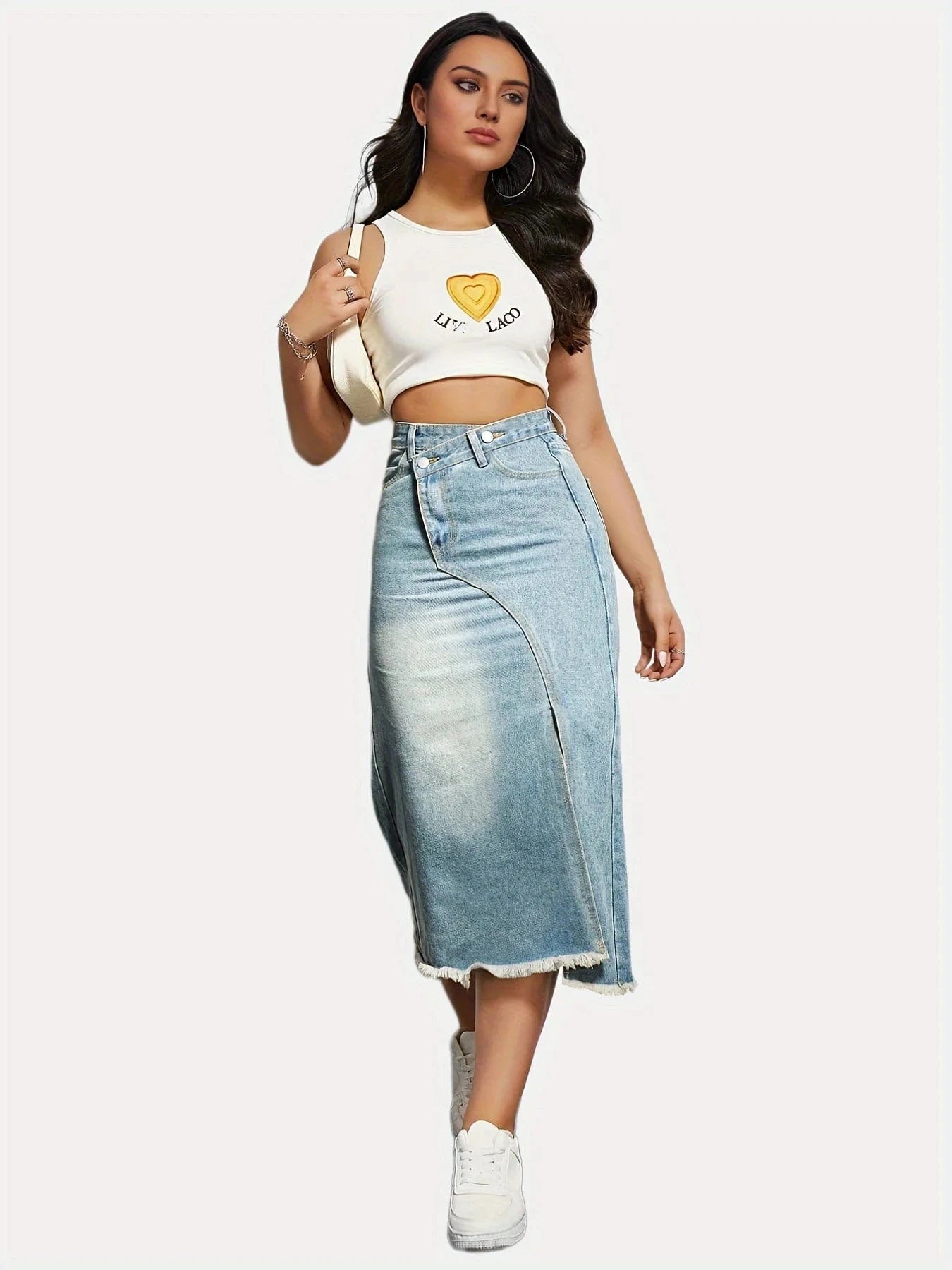 2024 Autumn New American Retro Denim skirt Women's Fashionable Split stitching Mid-length Women's A- line skirt