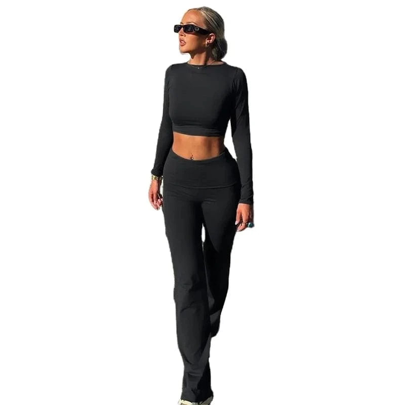 2024 Autumn New European and American Style Fashion Casual Long sleeved Top High Waist Wrap Hip Long Pants Women's Set