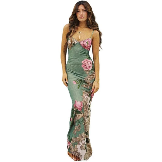 2024 Autumn New Women's Long Dress Holiday Style Elegant Slim-fit Printing Design Sense Sling Dress for Women