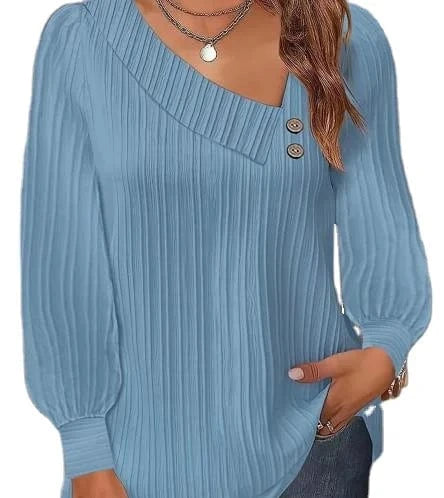 2024 Autumn Simple and Comfortable Slant Neck Button Solid Color Versatile Long Sleeve Pleated Shirt Women's Wear