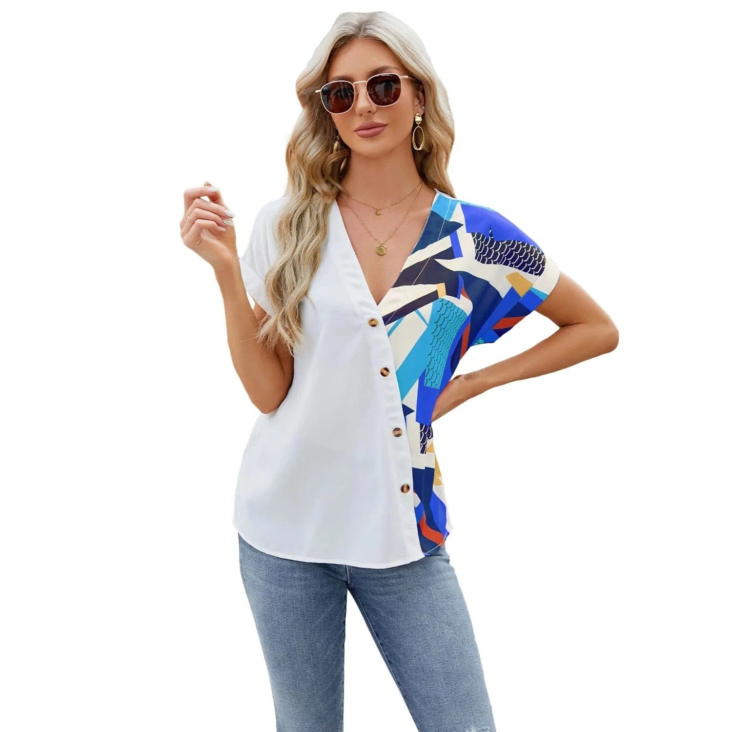 2024 Autumn/Summer New Fashion V-neck Geometric Print Raglan Loose Chiffon Short sleeved Shirt Women's Top