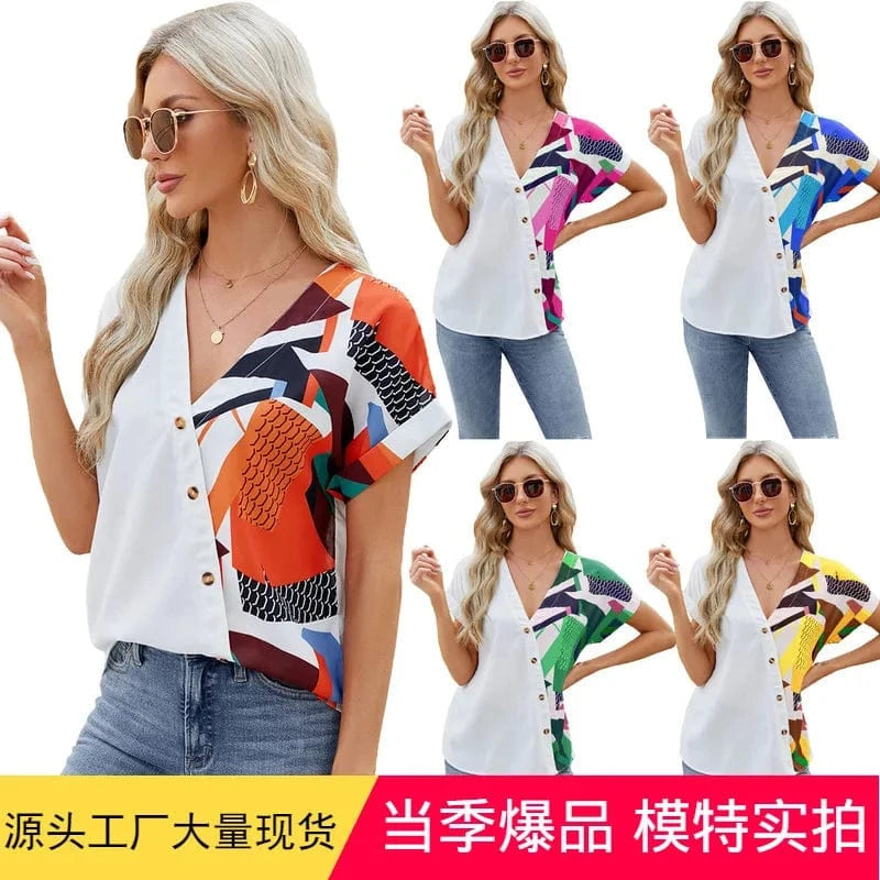2024 Autumn/Summer New Fashion V-neck Geometric Print Raglan Loose Chiffon Short sleeved Shirt Women's Top