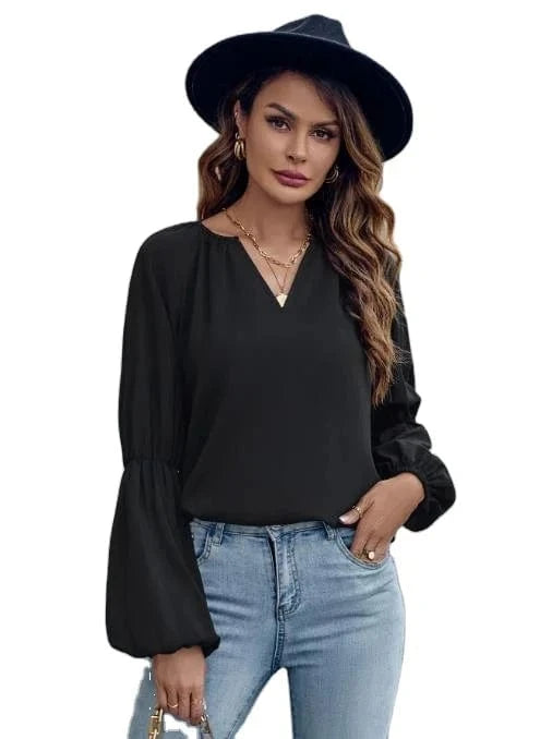 2024 Autumn Winter Women Shirts Tops Solid Color V-Neck Women's Lace Ruffle Long Sleeve Fashion Loose Casual Blouse