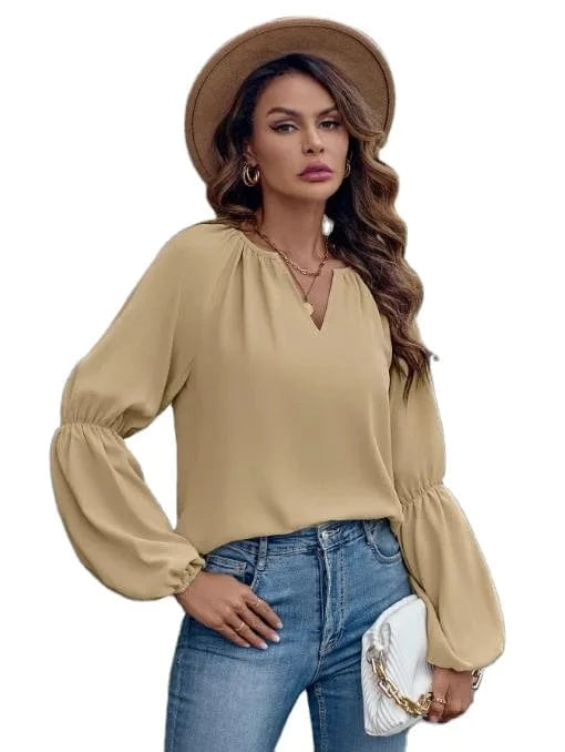 2024 Autumn Winter Women Shirts Tops Solid Color V-Neck Women's Lace Ruffle Long Sleeve Fashion Loose Casual Blouse