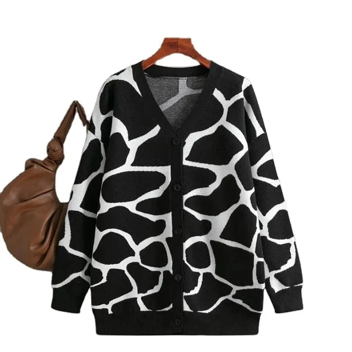 2024 Best-Selling Women Autumn and Winter Line Pattern Cardigan Single Breasted V-neck Long Sleeve Casual Loose Knitted Coat