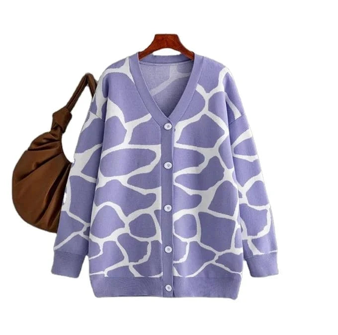 2024 Best-Selling Women Autumn and Winter Line Pattern Cardigan Single Breasted V-neck Long Sleeve Casual Loose Knitted Coat