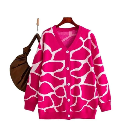 2024 Best-Selling Women Autumn and Winter Line Pattern Cardigan Single Breasted V-neck Long Sleeve Casual Loose Knitted Coat