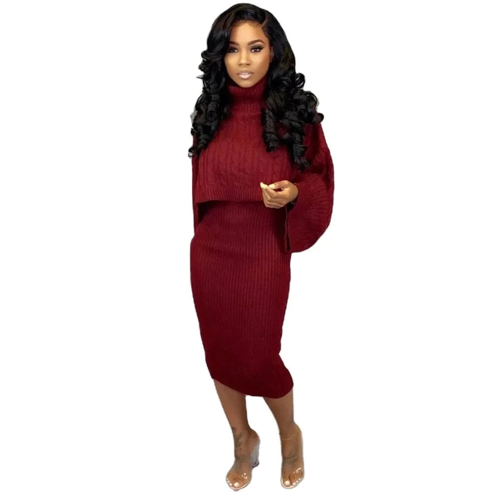 2024 Best-Selling Women Autumn and Winter Sweater Set Long Sleeve High-Neck Solid Color Knee Length Dress