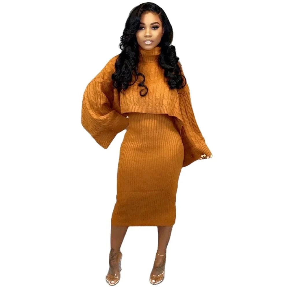 2024 Best-Selling Women Autumn and Winter Sweater Set Long Sleeve High-Neck Solid Color Knee Length Dress