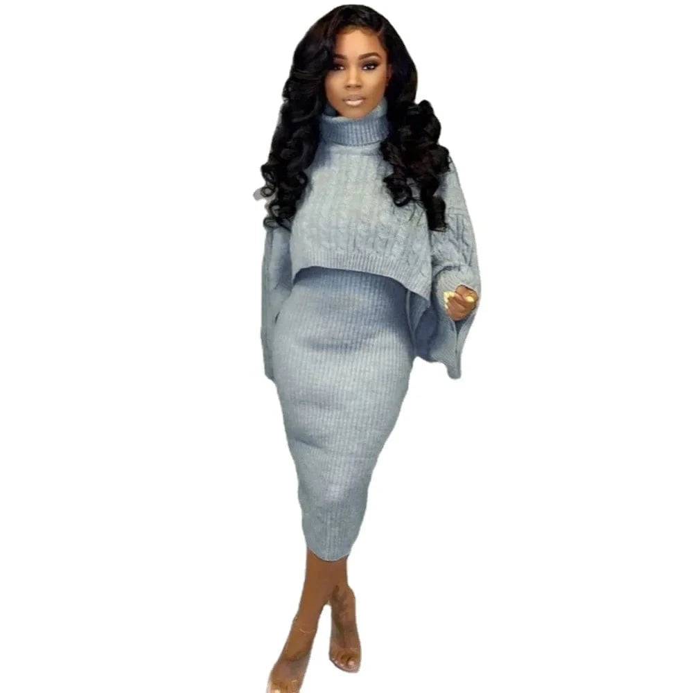2024 Best-Selling Women Autumn and Winter Sweater Set Long Sleeve High-Neck Solid Color Knee Length Dress