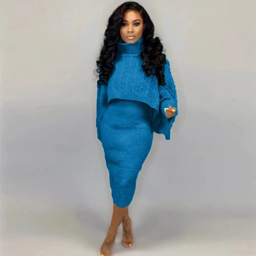 2024 Best-Selling Women Autumn and Winter Sweater Set Long Sleeve High-Neck Solid Color Knee Length Dress
