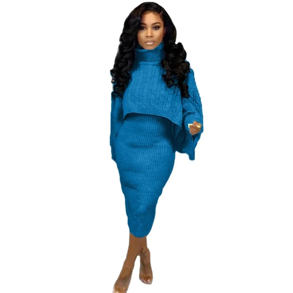 2024 Best-Selling Women Autumn and Winter Sweater Set Long Sleeve High-Neck Solid Color Knee Length Dress