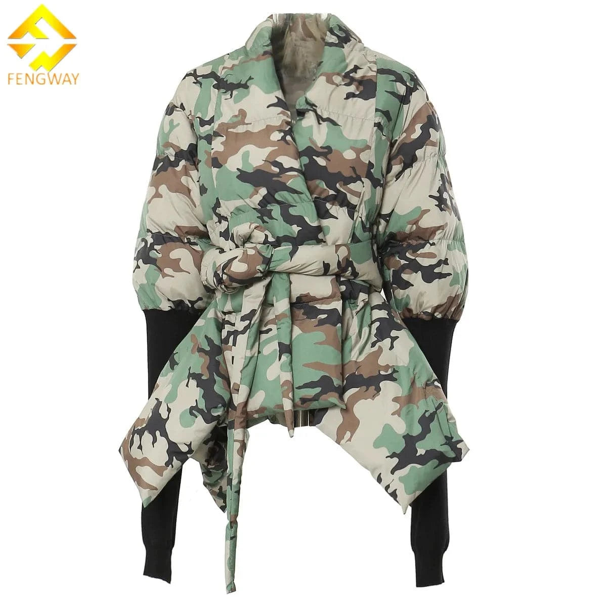 2024 Camouflage Asymmetrical Puffer Jacket Women Winter Clothes Thick Warm Long Sleeve Bow Cotton Down Coat