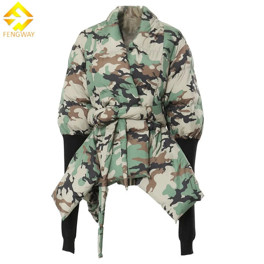 2024 Camouflage Asymmetrical Puffer Jacket Women Winter Clothes Thick Warm Long Sleeve Bow Cotton Down Coat