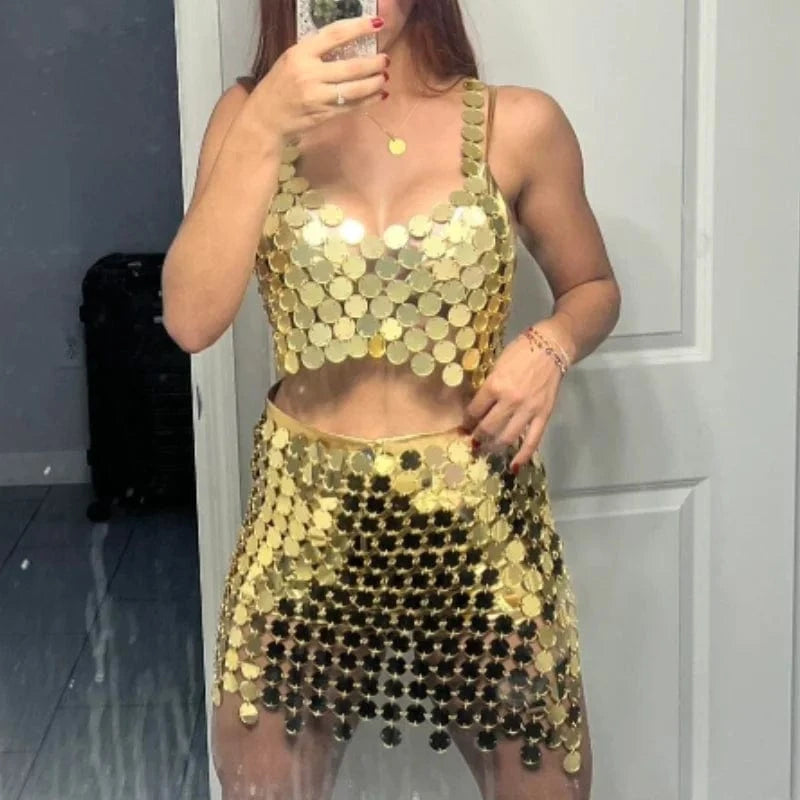 2024 Chainmail Acrylic Panel Sequin Mini Dress and Halter Top Set Women Bras Bikini Chains Belts Body Accessories