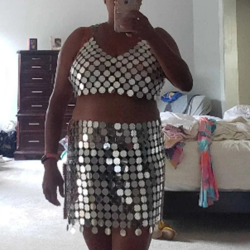 2024 Chainmail Acrylic Panel Sequin Mini Dress and Halter Top Set Women Bras Bikini Chains Belts Body Accessories