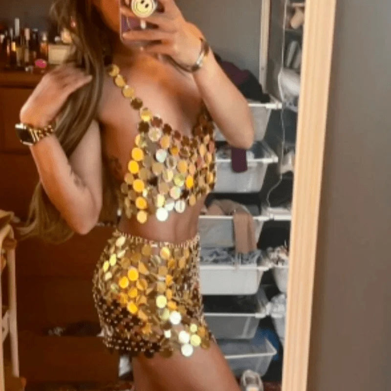2024 Chainmail Acrylic Panel Sequin Mini Dress and Halter Top Set Women Bras Bikini Chains Belts Body Accessories