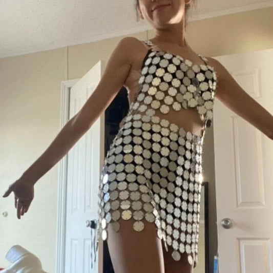 2024 Chainmail Acrylic Panel Sequin Mini Dress and Halter Top Set Women Bras Bikini Chains Belts Body Accessories