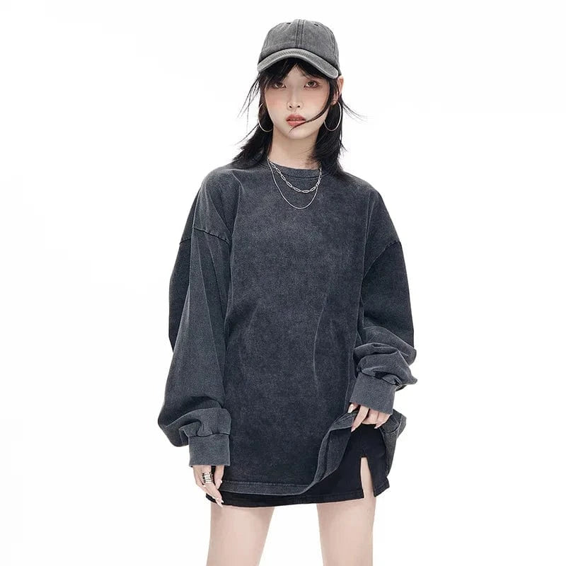 2024 Cotton heavy old T-shirt long Sleeve large size off shoulder all cotton wash retro autumn Clothes loose oversize