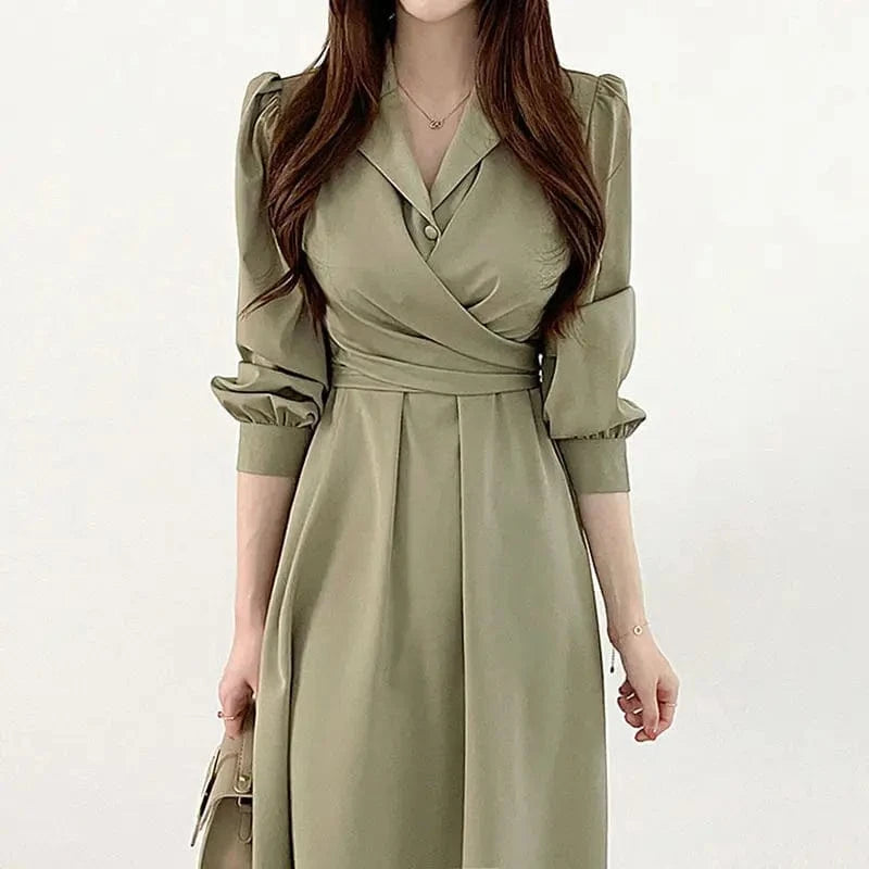 2024 Early autumn French Elegant Lapel Cross Lace-up Waist Bubble Sleeve Shirt Dress Mid-length Dress