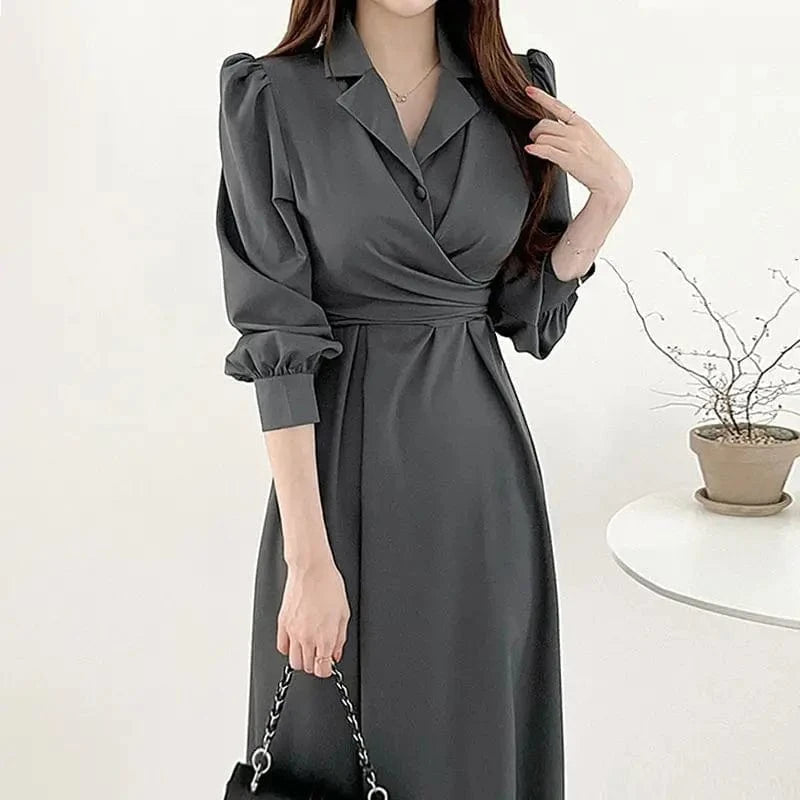 2024 Early autumn French Elegant Lapel Cross Lace-up Waist Bubble Sleeve Shirt Dress Mid-length Dress
