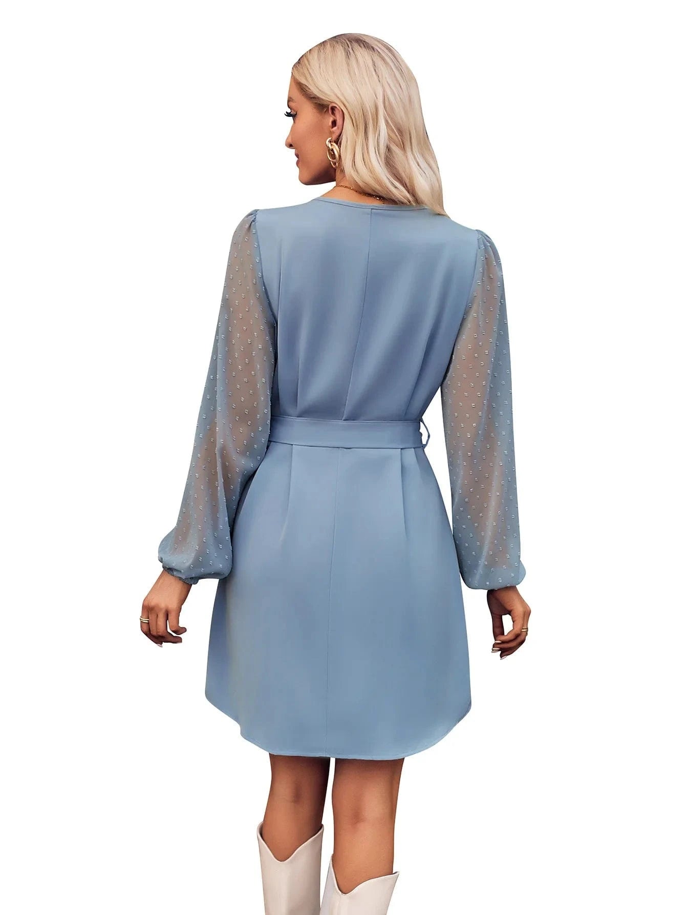 2024 Europe New Fashion Women Lady  Spring and Autumn V-neck Solid Color Casual Long-sleeved Waist-tied Midi Dress