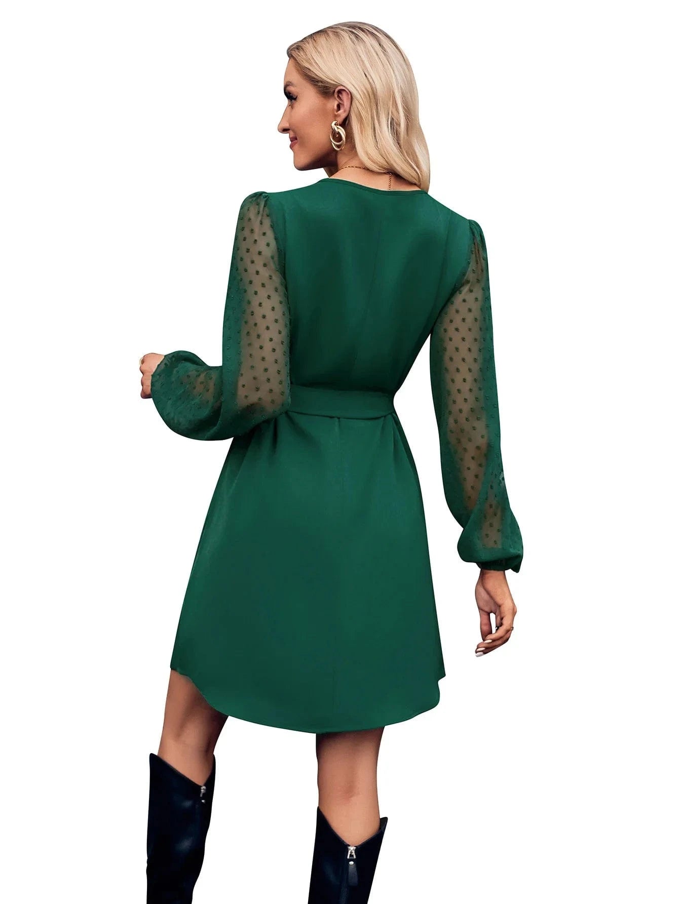 2024 Europe New Fashion Women Lady  Spring and Autumn V-neck Solid Color Casual Long-sleeved Waist-tied Midi Dress