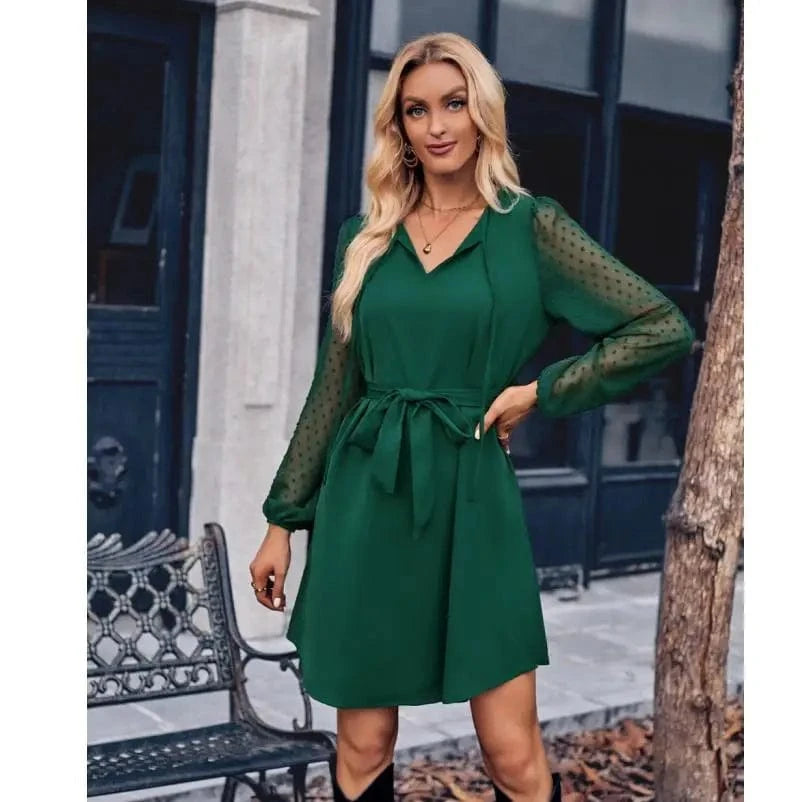 2024 Europe New Fashion Women Lady  Spring and Autumn V-neck Solid Color Casual Long-sleeved Waist-tied Midi Dress
