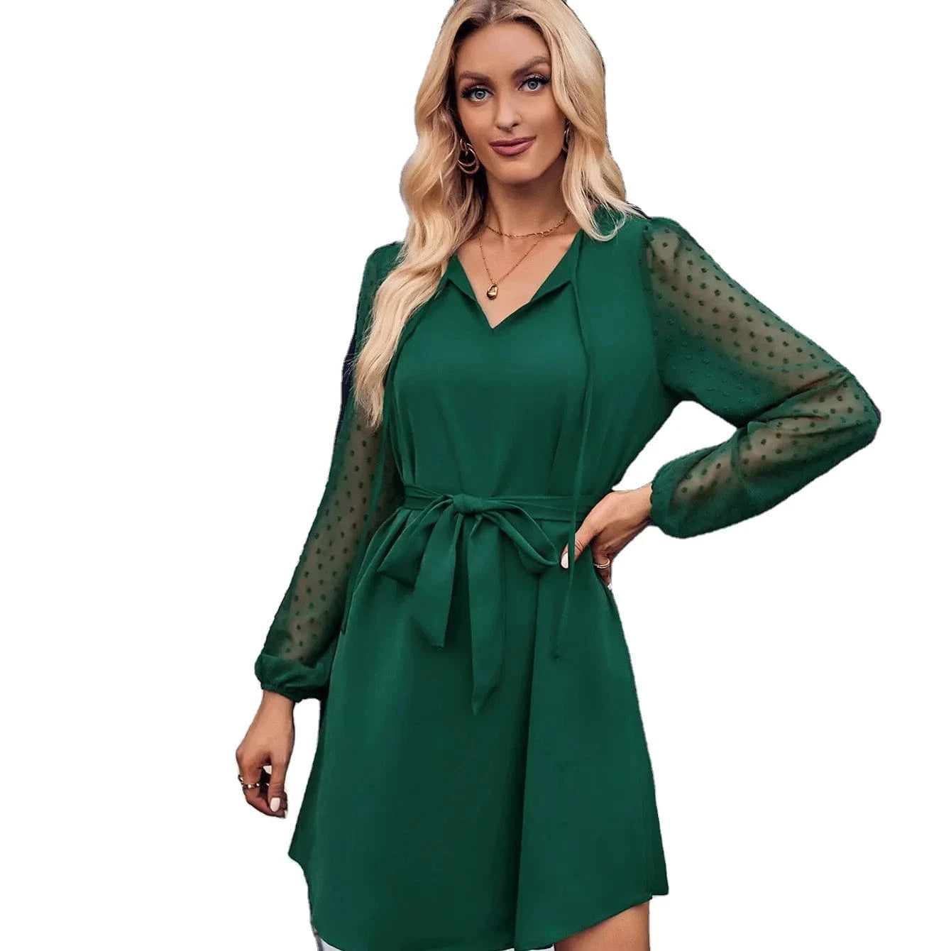 2024 Europe New Fashion Women Lady  Spring and Autumn V-neck Solid Color Casual Long-sleeved Waist-tied Midi Dress