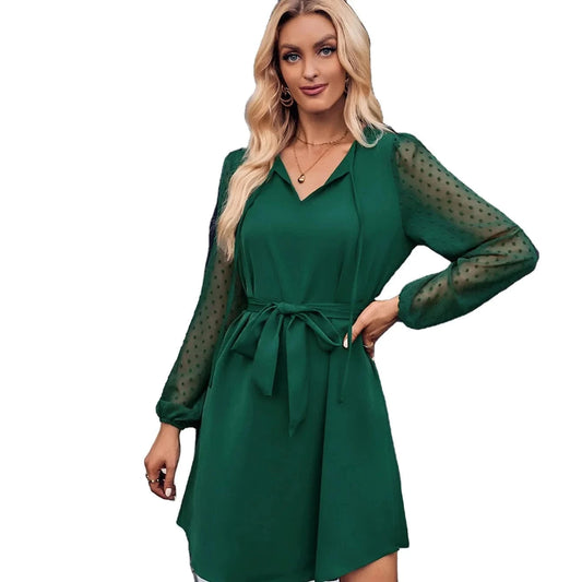 2024 Europe New Fashion Women Lady  Spring and Autumn V-neck Solid Color Casual Long-sleeved Waist-tied Midi Dress