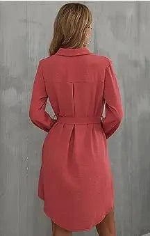 2024 Europe New Fashion Women Lady  Spring  Autumn Lapel Solid Color Casual  Daily Long-sleeved Waist-tied Midi Dress