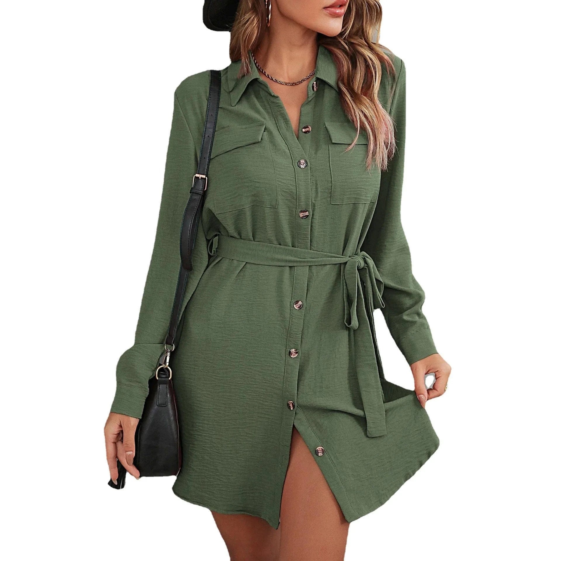 2024 Europe New Fashion Women Lady  Spring  Autumn Lapel Solid Color Casual  Daily Long-sleeved Waist-tied Midi Dress