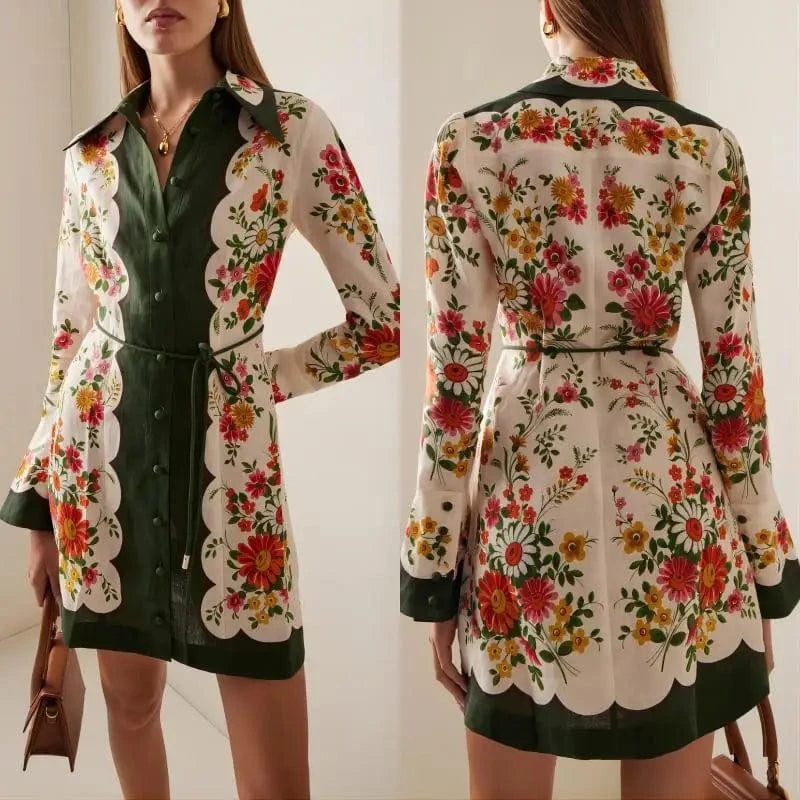 2024 European and American Spring and Summer new linen Long sleeve Plant Printing lace-up Lapel Women's dress