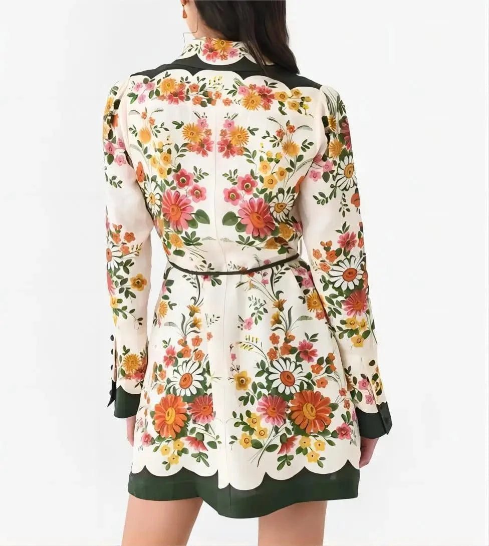 2024 European and American Spring and Summer new linen Long sleeve Plant Printing lace-up Lapel Women's dress